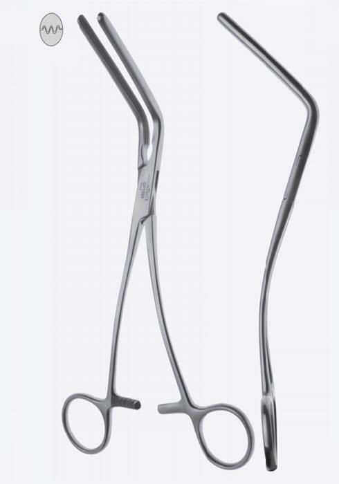 Зажими судинні De Bakey, атравмат для аорти, зубці De Bakey, зуб 2 х 3, з вигнутою ручкою, вигнуті, довжина 235 мм. Бренд - Asanus Medizintechnik Gmb, Німеччина